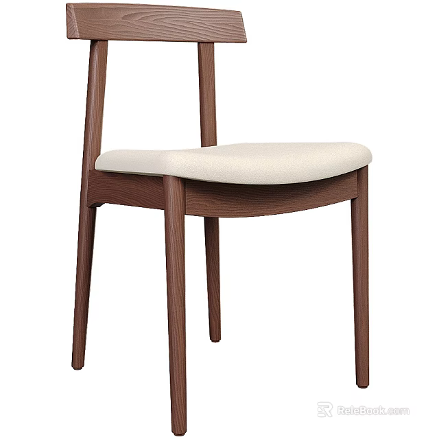 Modern Single Chair With Dark Brown Wooden Legs And Light Beige Upholstered Seat 3d model 