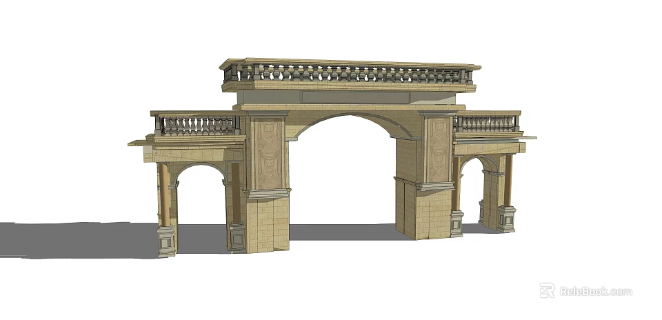 Classical Style Stone Entrance Gate With Archway Balustrade And Decorative Columns 3d model