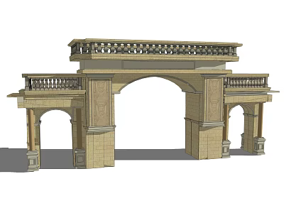 Classical Style Stone Entrance Gate With Archway Balustrade And Decorative Columns 3d model