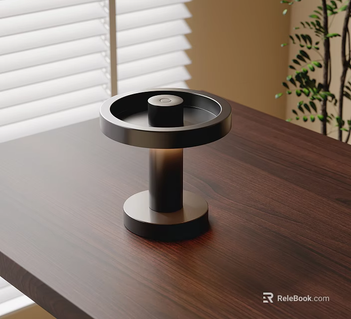 Modern Minimalist Table Lamp on Wooden Desk Near Window with Blinds and Green Plant 3d model 
