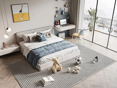 Warm Kids Bed With Blue Quilt Pillows Stuffed Animal And Soccer Ball On Striped Rug 3d model