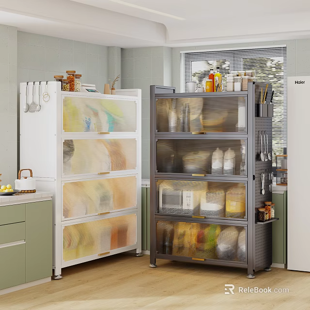 Modern Kitchen Storage Shelves With Transparent Doors Organizing Containers And Jars 3d model 