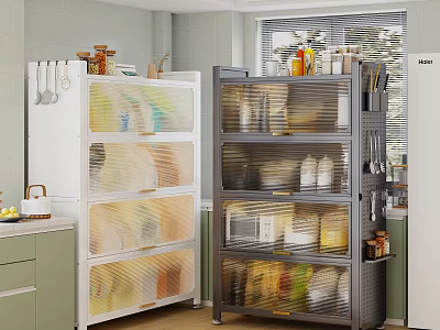 Modern Kitchen Storage Shelves With Transparent Doors Organizing Containers And Jars 3d model