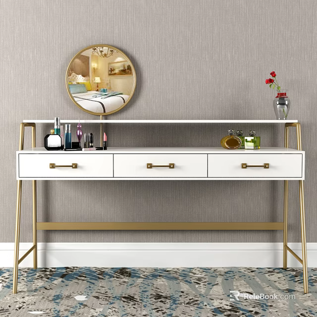 Modern White Dressing Table with Gold Frame Round Mirror Cosmetics and Red Flower Vase 3d model 