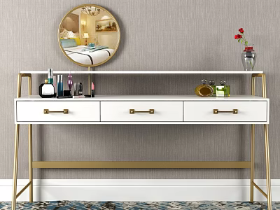 Modern White Dressing Table with Gold Frame Round Mirror Cosmetics and Red Flower Vase 3d model