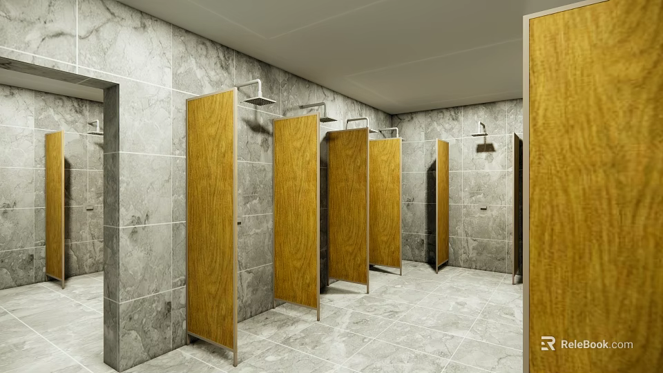 Spacious SPA Sauna Interior With Wooden Partitions And Gray Marble Walls 3d model 