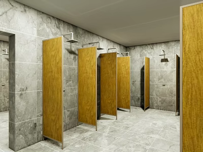 Spacious SPA Sauna Interior With Wooden Partitions And Gray Marble Walls 3d model