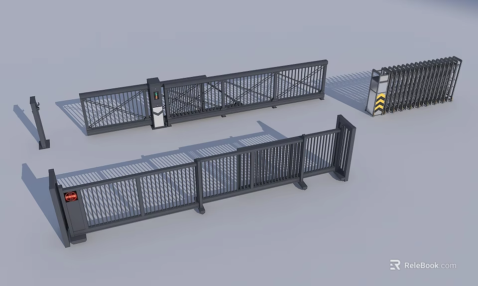 Black Metal Entrance Gate With Sliding Fence Structure And Control Panel 3d model 