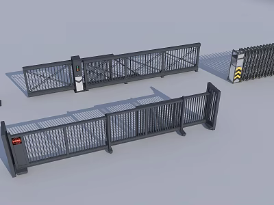 Black Metal Entrance Gate With Sliding Fence Structure And Control Panel 3d model