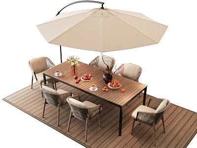 Outdoor Wooden Table Set With Beige Umbrella Chairs Fruits And Flower Vase On Deck 3d model