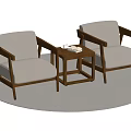 Two Modern Single Armchairs With Wooden Frame Light Cushions And Small Table On Round Rug