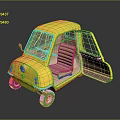 Yellow Cute Vintage Small Car With Open Door And Brown Seats