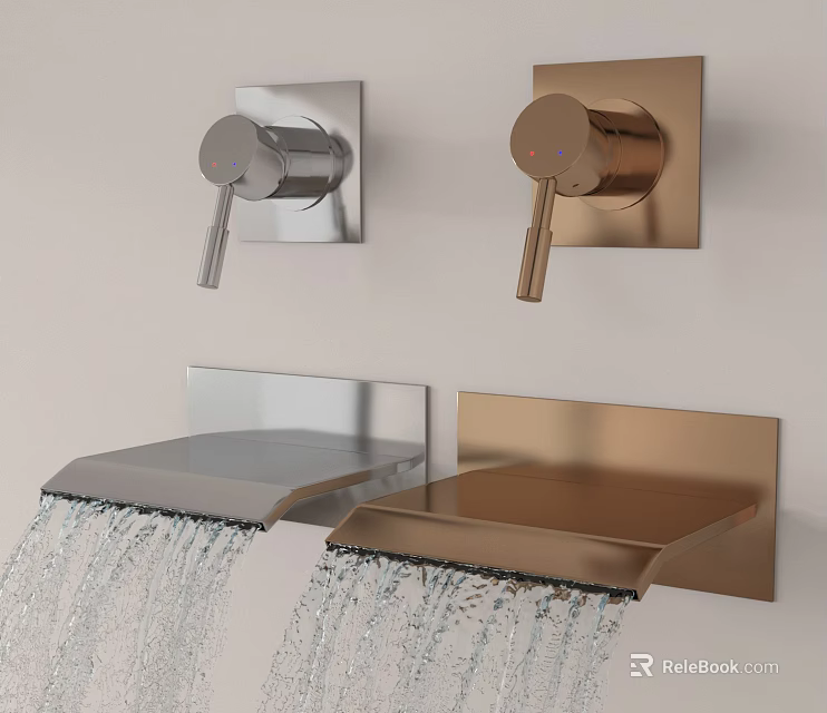 Modern Wall Mounted Chrome And Brushed Gold Faucets With Flowing Water Design 3d model 