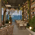 Cozy Café Interior With Green Plants Chandeliers And Wooden Dining Furniture