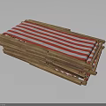 Stacked Wooden Bench With Red White Striped Cushion For Outdoor Seating
