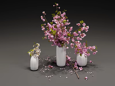 White Ceramic Vases With Pink And White Cherry Blossoms And Scattered Petals 3d model