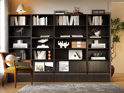 Modern Dark Wooden Bookcase With Books Decorative Figurines Photo Frames Floor Lamp And Chair 3d model