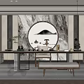 Modern Tea Room With Marble Backdrop Circular Mountain Painting Long Tea Table Tea Sets And Wooden Bench