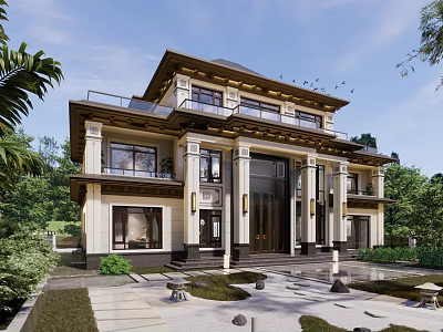 Traditional Two Story Detached Villa With Courtyard Stone Pathway Large Windows And Greenery 3d model