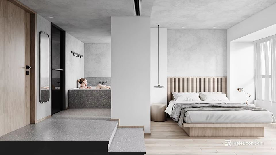 Modern Bedroom Interior Design With Bathtub Wooden Headboard Gray Bedding And Pendant Light 3d model 