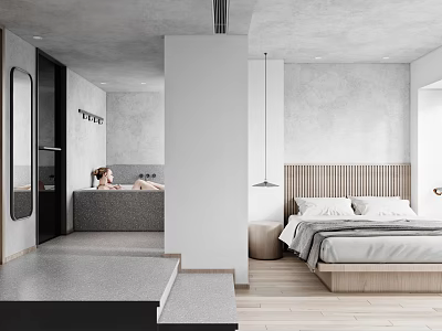 Modern Bedroom Interior Design With Bathtub Wooden Headboard Gray Bedding And Pendant Light 3d model