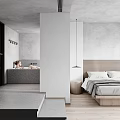 Modern Bedroom Interior Design With Bathtub Wooden Headboard Gray Bedding And Pendant Light