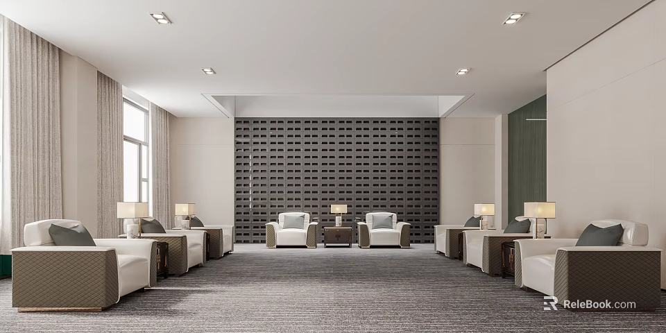 Stylish Modern Hotel Public Lounge With Comfortable Seating Coffee Tables And Wall Decor 3d model 