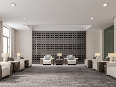 Stylish Modern Hotel Public Lounge With Comfortable Seating Coffee Tables And Wall Decor 3d model
