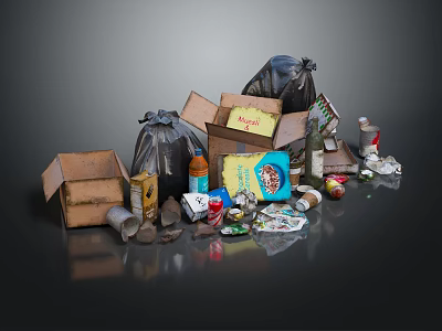 Mixed Household Waste Collection With Cardboard Boxes Trash Bags Cans Bottles And Food Packages 3d model