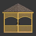 Yellow Hexagonal Gazebo Featuring Wooden Lattice Tiled Roof And Person Standing Inside Structure