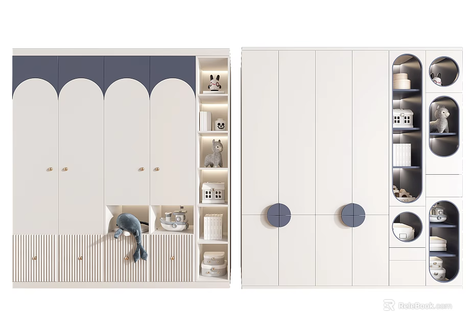 Modern White Wardrobe Design With Scalloped Doors Round Handles And Open Shelves 3d model 