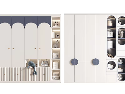Modern White Wardrobe Design With Scalloped Doors Round Handles And Open Shelves 3d model