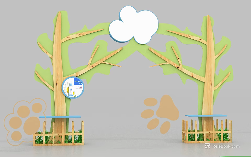 Green Tree Shaped Arch With Cloud Decoration And Paw Prints For Kids Play Area 3d model 
