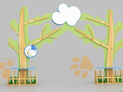 Green Tree Shaped Arch With Cloud Decoration And Paw Prints For Kids Play Area 3d model