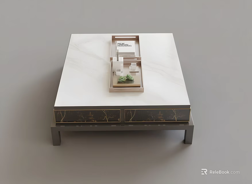 Modern Coffee Table With White Marble Top And Metal Frame Design 3d model