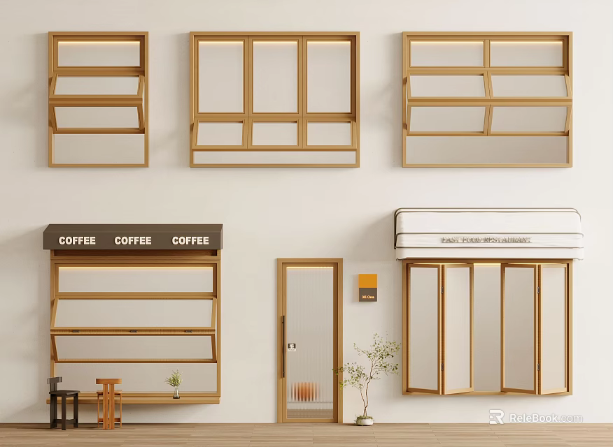 Wooden Shelves Coffee Sign Door And Air Conditioner With Plant And Table 3d model 