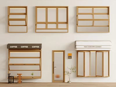 Wooden Shelves Coffee Sign Door And Air Conditioner With Plant And Table 3d model