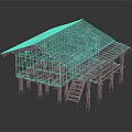 Traditional Stilted Wooden Building With Corrugated Iron Roof Staircase And Thatched Overhang Design