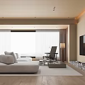 Modern Living Room With Light Gray Sofa Wall Mounted TV White Curtains And Wooden Floor