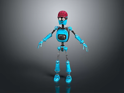 Blue Robot Character With Red Cap And Mechanical Joints Standing Against Gray Background 3d model