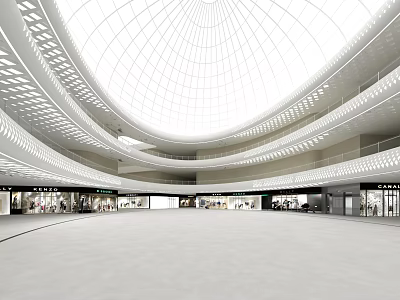 Modern Shopping Mall Stores Featuring Domed Glass Roof Multi Level Open Space Bright Lighting Design 3d model