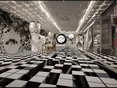 Artistic Interior Space With Black And White Checkerboard Floor Geometric Ceiling And Clock Decorations 3d model