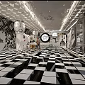 Artistic Interior Space With Black And White Checkerboard Floor Geometric Ceiling And Clock Decorations