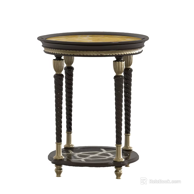 Elegant Gold And Black Round Top Side Table With Twisted Legs And Decorative Lower Shelf 3d model 