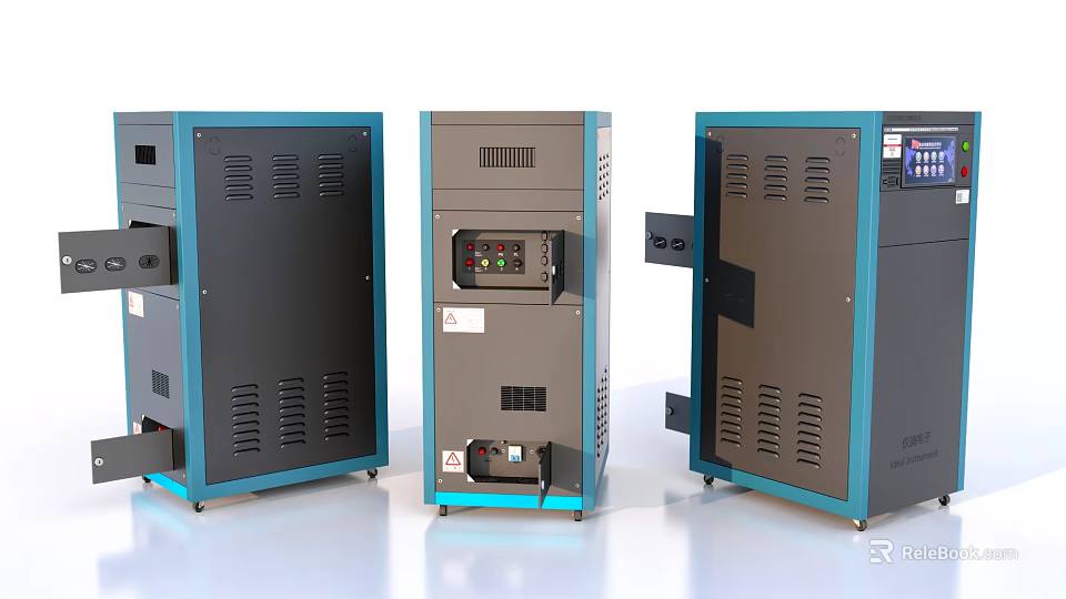 Three Industrial Equipment Units with Gray Blue Exterior Control Panel Vents and Open Door 3d model 