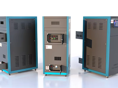 Three Industrial Equipment Units with Gray Blue Exterior Control Panel Vents and Open Door 3d model