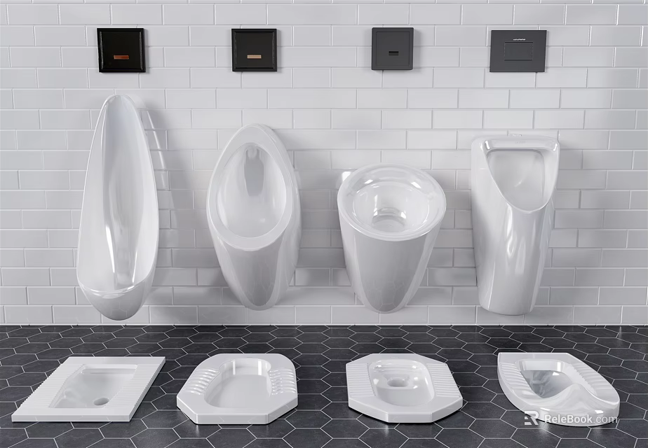 Modern Wall Mounted White Urinals With Different Shapes And Black Sensor Panels On Bricks Wall 3d model 