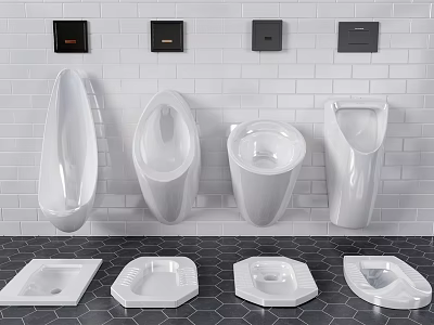 Modern Wall Mounted White Urinals With Different Shapes And Black Sensor Panels On Bricks Wall 3d model