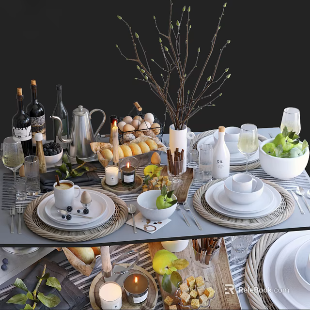 Elegant Dinnerware Set with Woven Placemats Plates Bowls Glasses Wine Bottles and Fruits 3d model 