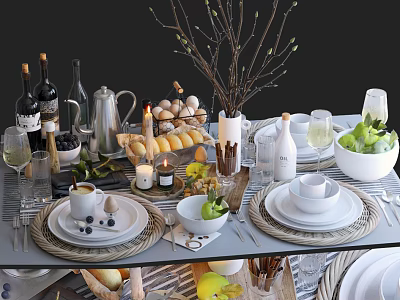 Elegant Dinnerware Set with Woven Placemats Plates Bowls Glasses Wine Bottles and Fruits 3d model